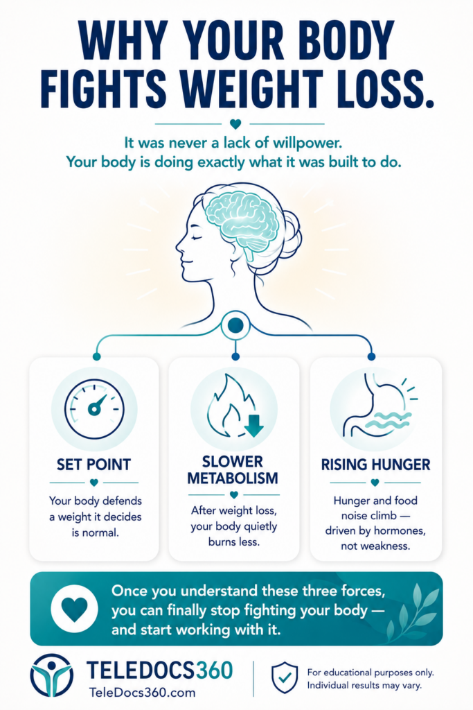 Why Weight Loss is Hard 1 Infographic: why your body fights weight loss — set point, slower metabolism, and rising hunger.