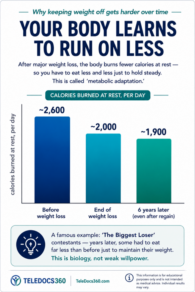 Why Dieting Slows Your Metabolism 1 Infographic: your body learns to run on less — metabolic adaptation after weight loss means fewer calories burned at rest over time.