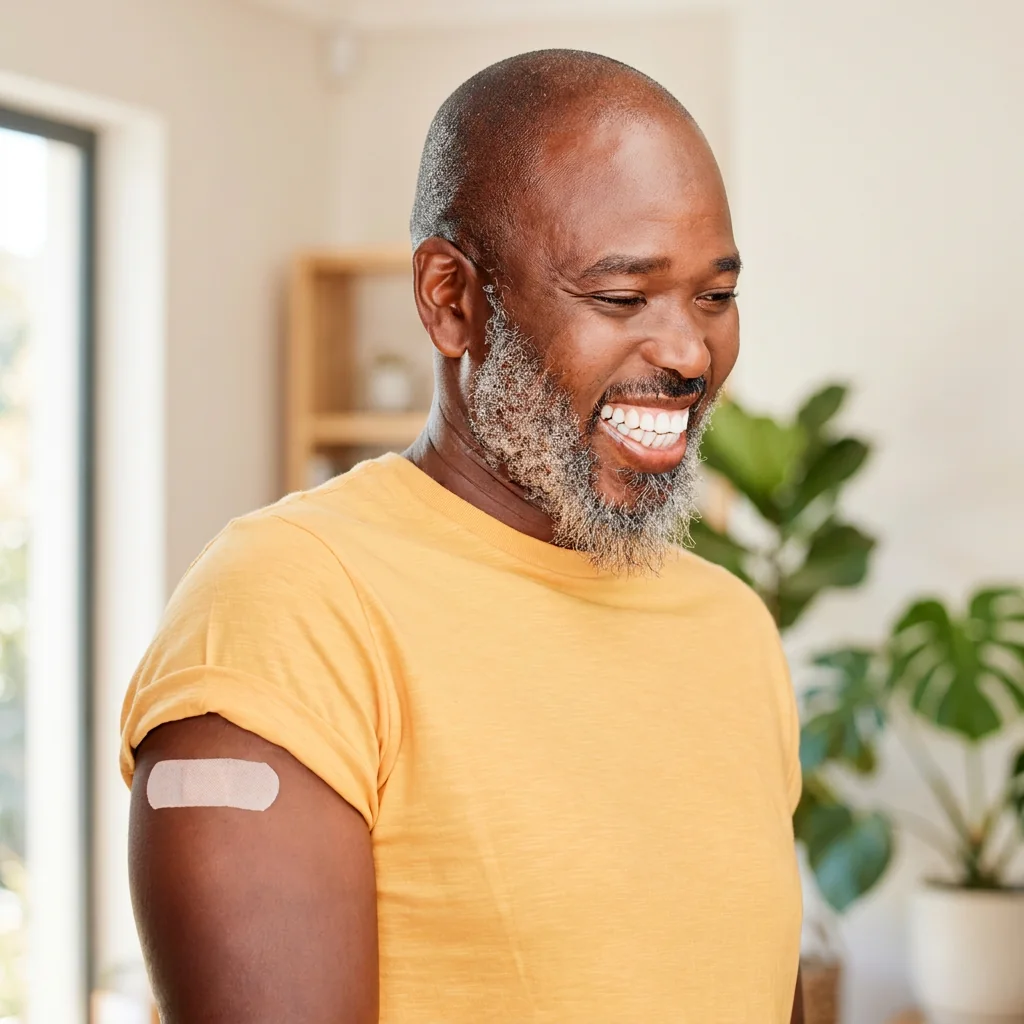 Smiling man with a bandage on his arm after a lab visit